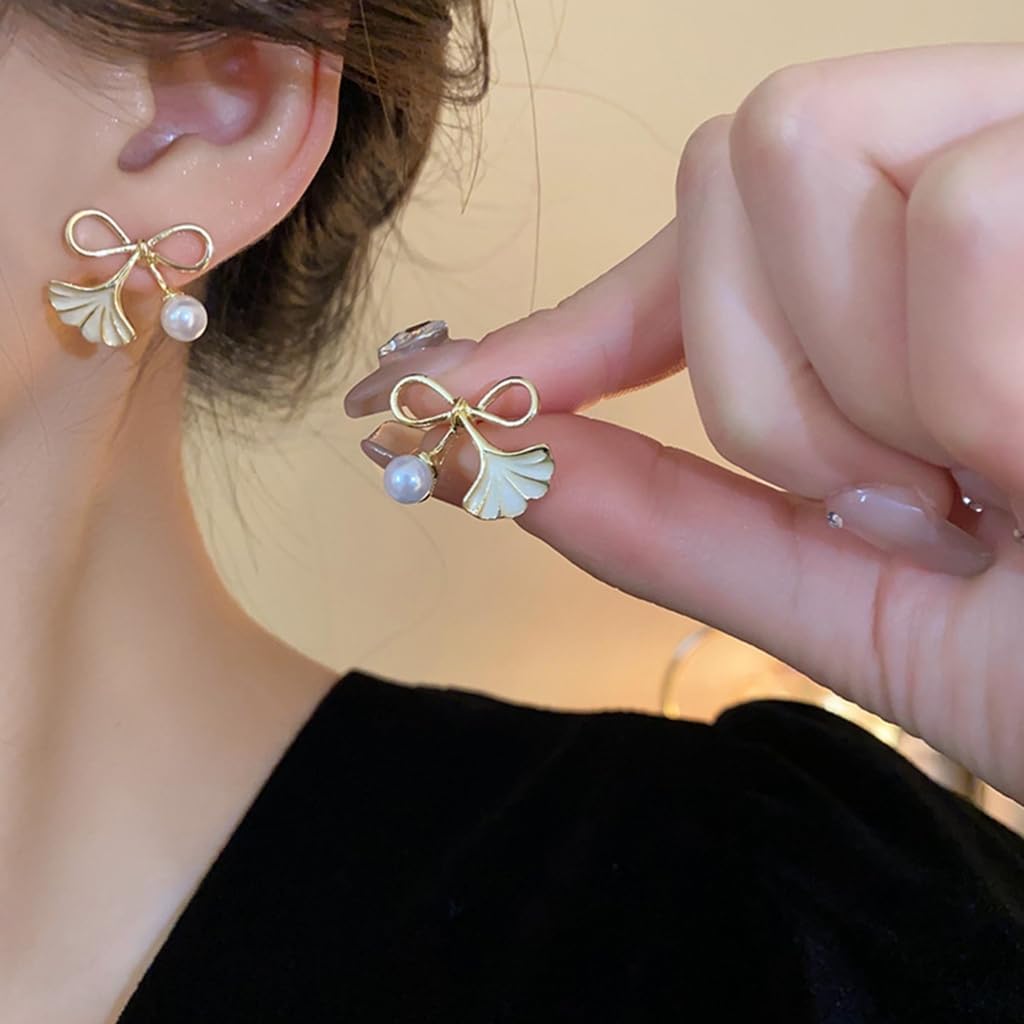 Enamel Pearl Bow Ginkgo Leaf Earrings