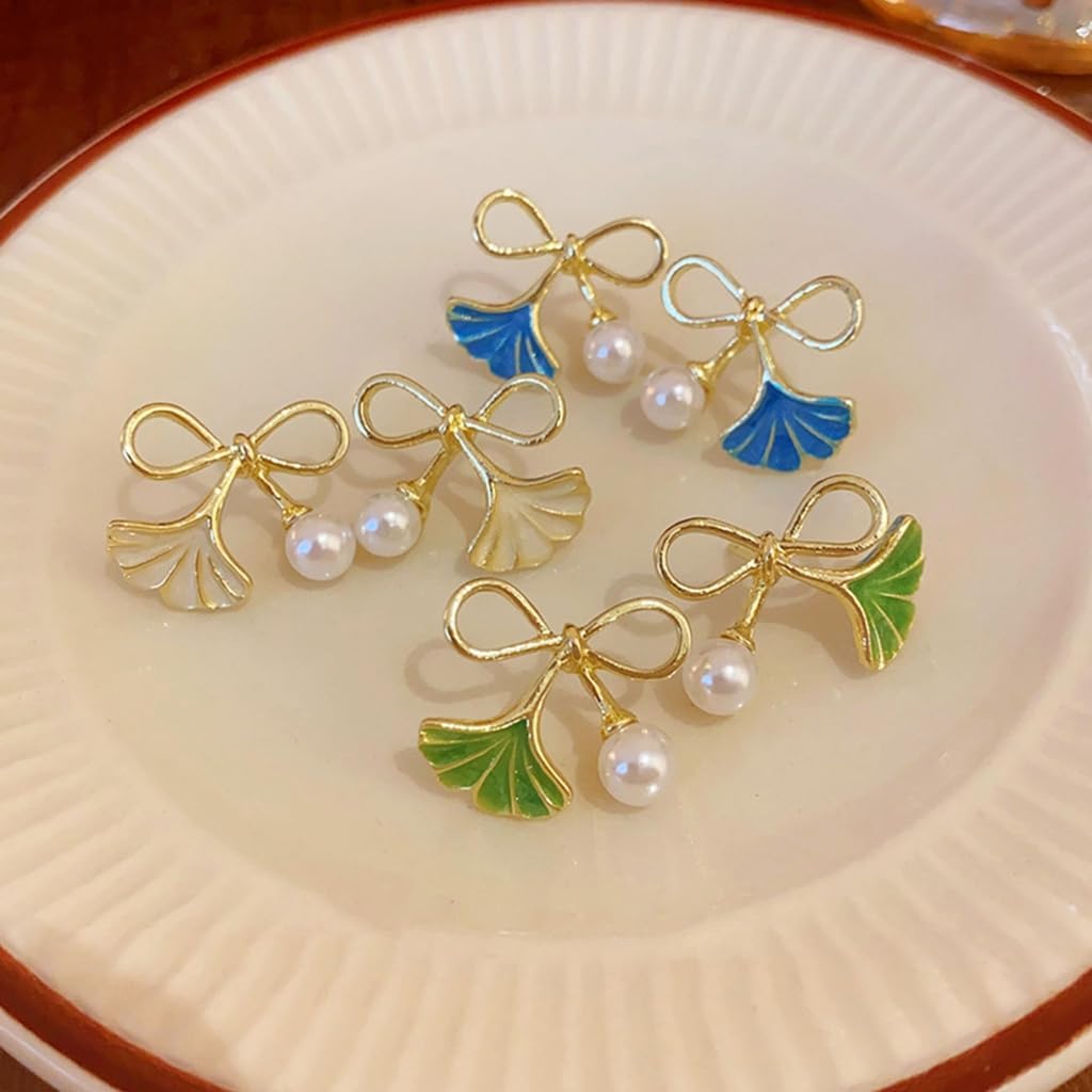 Enamel Pearl Bow Ginkgo Leaf Earrings