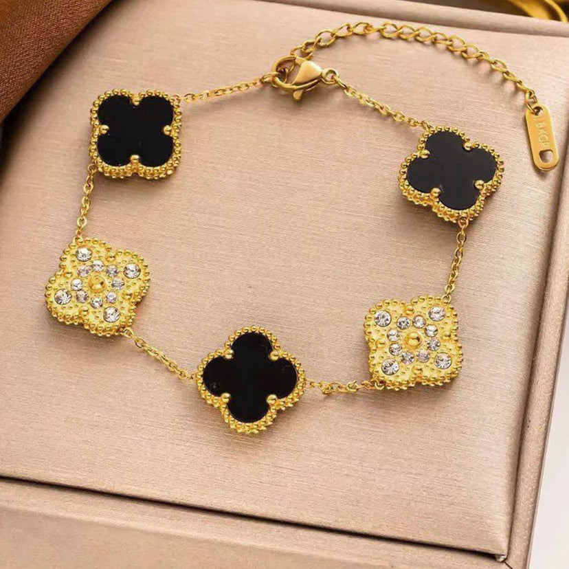 Black 4 Four Leaf Clover Flower Bracelet With Stones