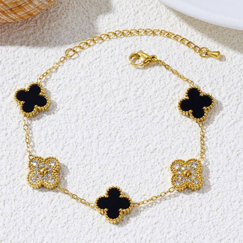 Black 4 Four Leaf Clover Flower Bracelet With Stones