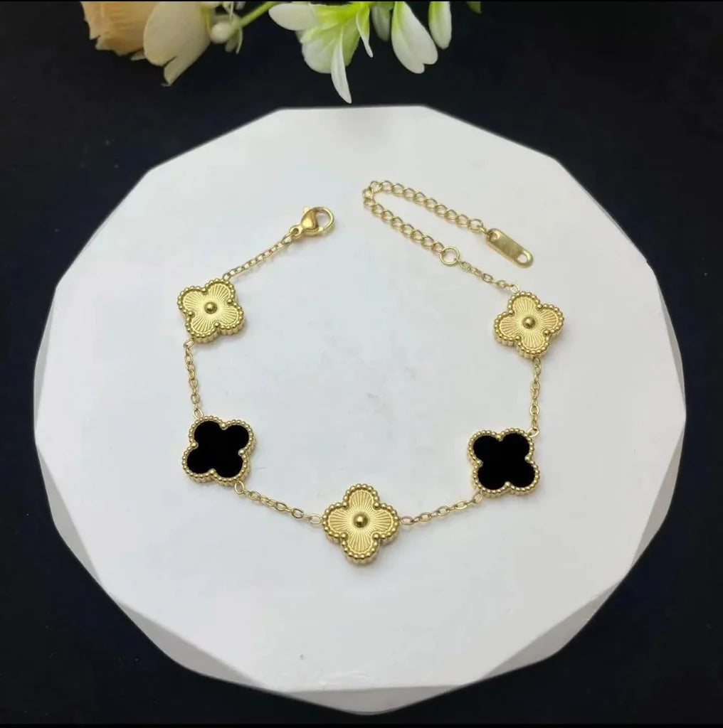 Black & Gold Four Leaf Lucky Clover Bracelet
