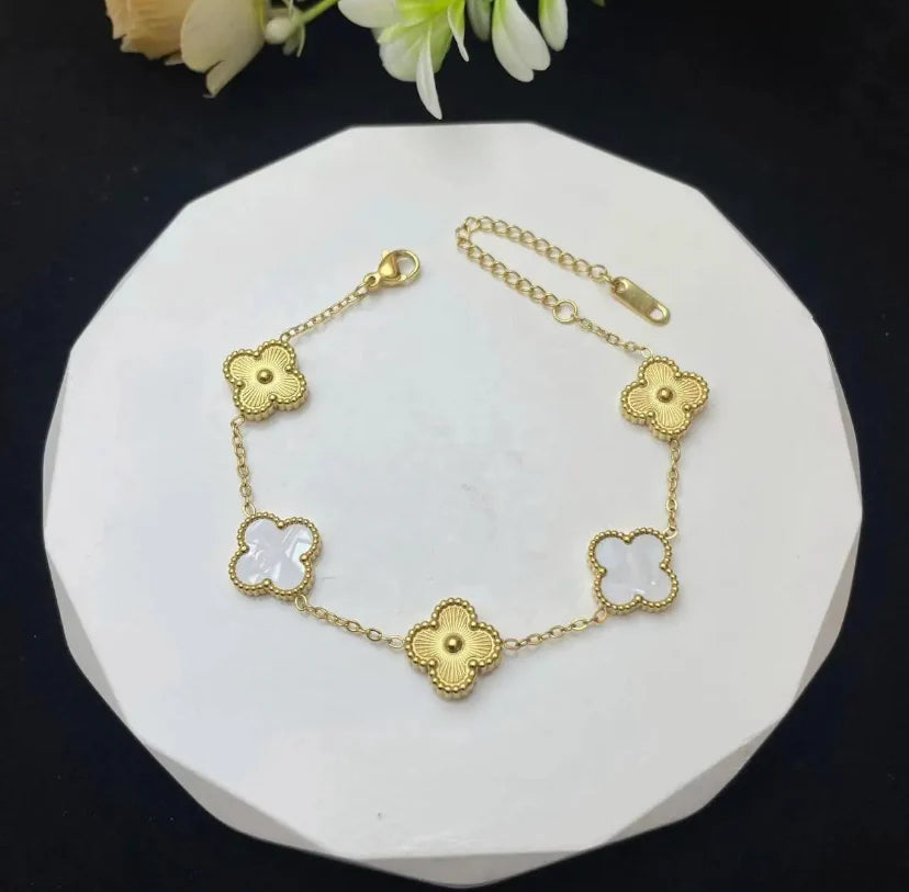White & Gold Four Leaf Lucky Clover Bracelet
