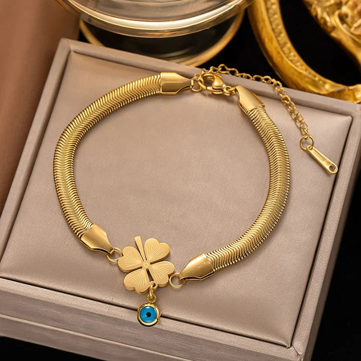 Evil's Eye Leaf Charm Snake Chain Bracelet