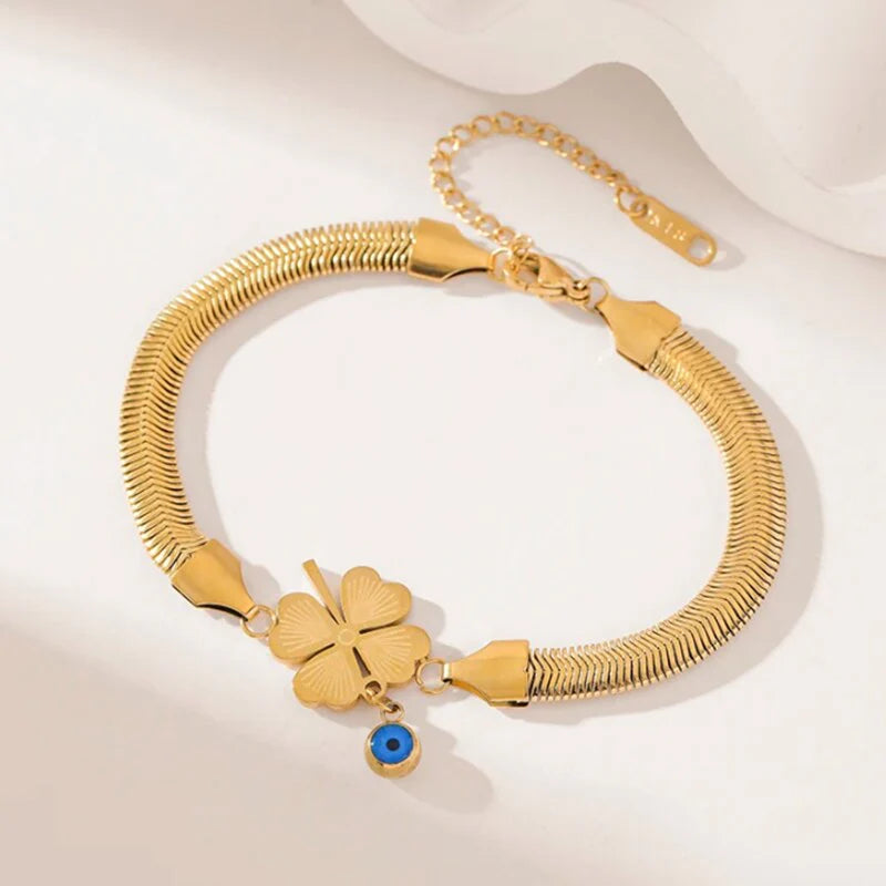 Evil's Eye Leaf Charm Snake Chain Bracelet