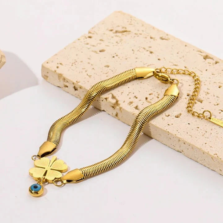 Evil's Eye Leaf Charm Snake Chain Bracelet