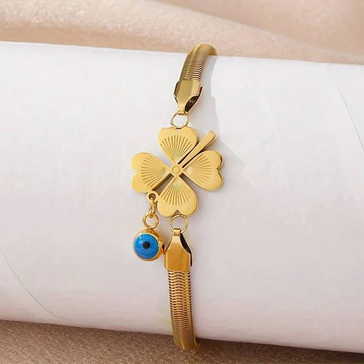 Evil's Eye Leaf Charm Snake Chain Bracelet