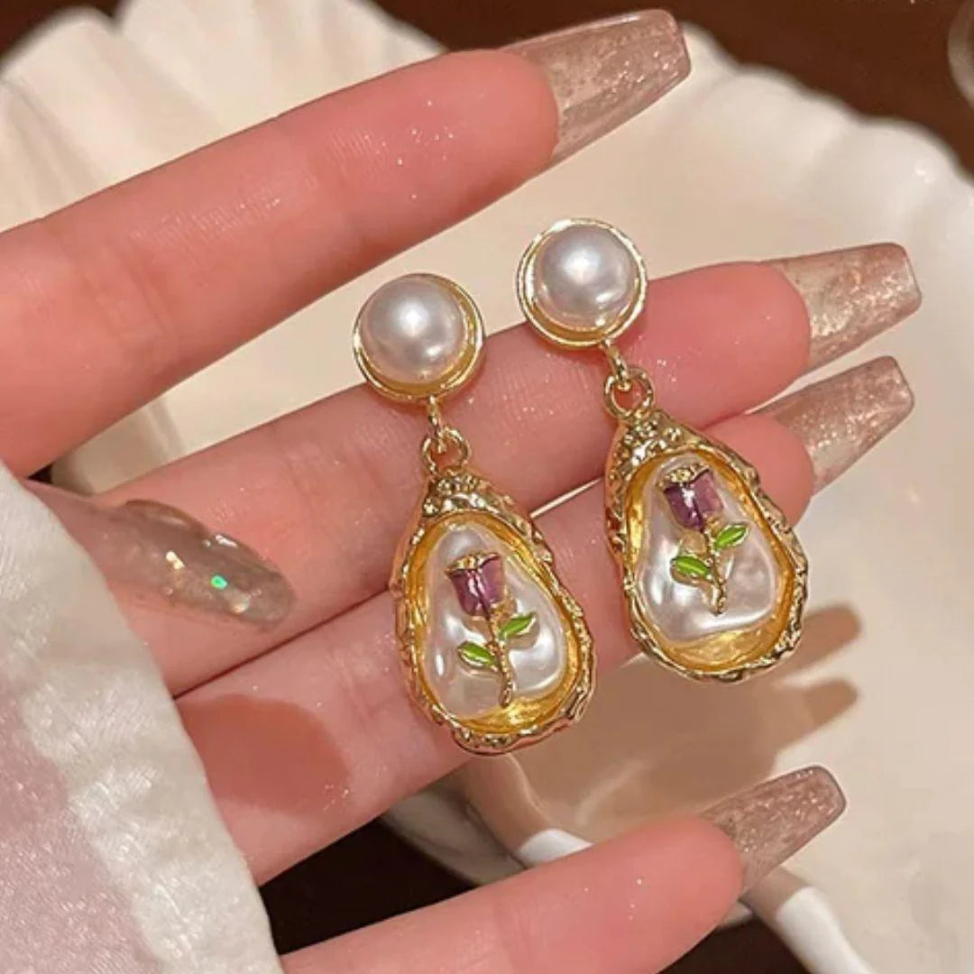 Oil Painting Style Oval Enamel Baroque Pearl Drop Earrings