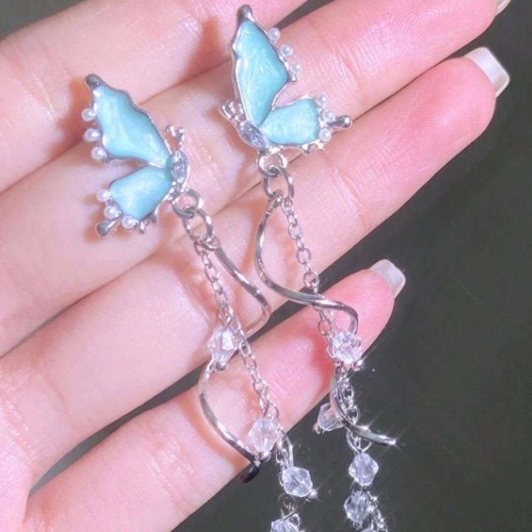 Blue Butterfly Tasssel Twisted Earrings