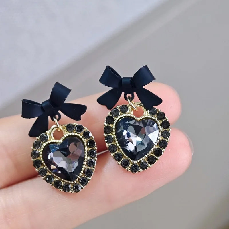 Black Stones Bowknot Heart Drop Earrings