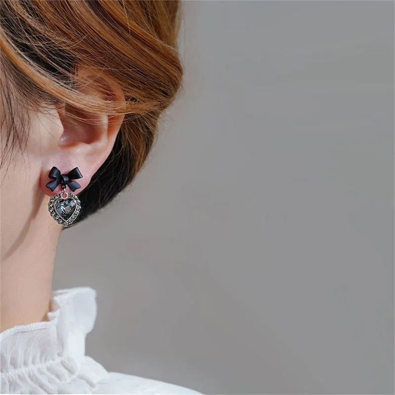 Black Stones Bowknot Heart Drop Earrings