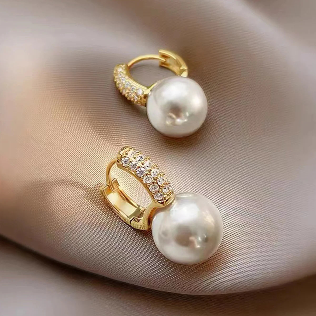 Pearl Diamond Huggie Hoop Earrings