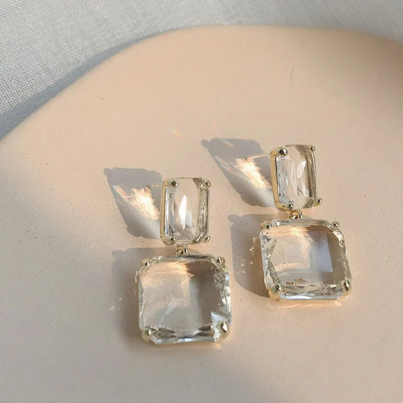 Transparent Glass Crystal Twin Square Earrings