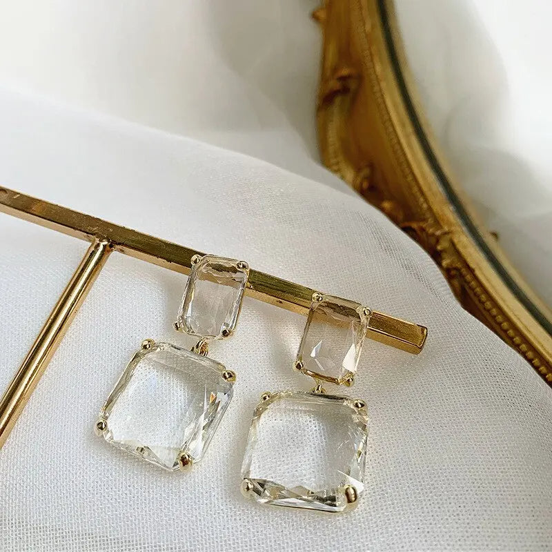 Transparent Glass Crystal Twin Square Earrings