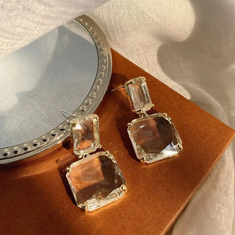 Transparent Glass Crystal Twin Square Earrings