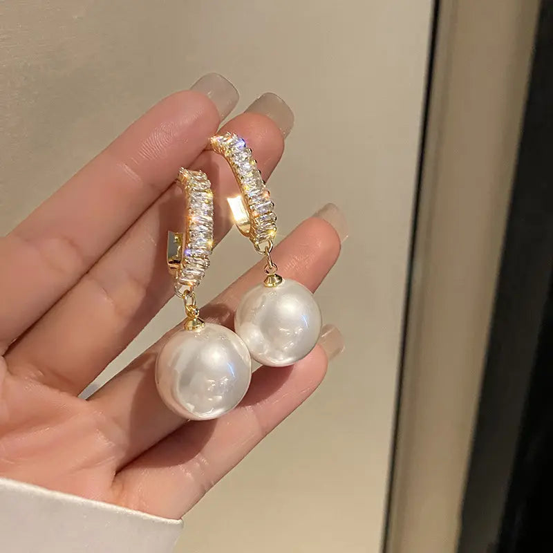 Clip Diamond Hoop Pearl Drop Earrings