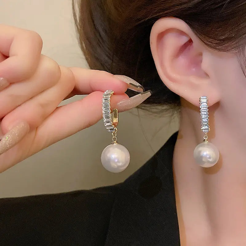 Clip Diamond Hoop Pearl Drop Earrings