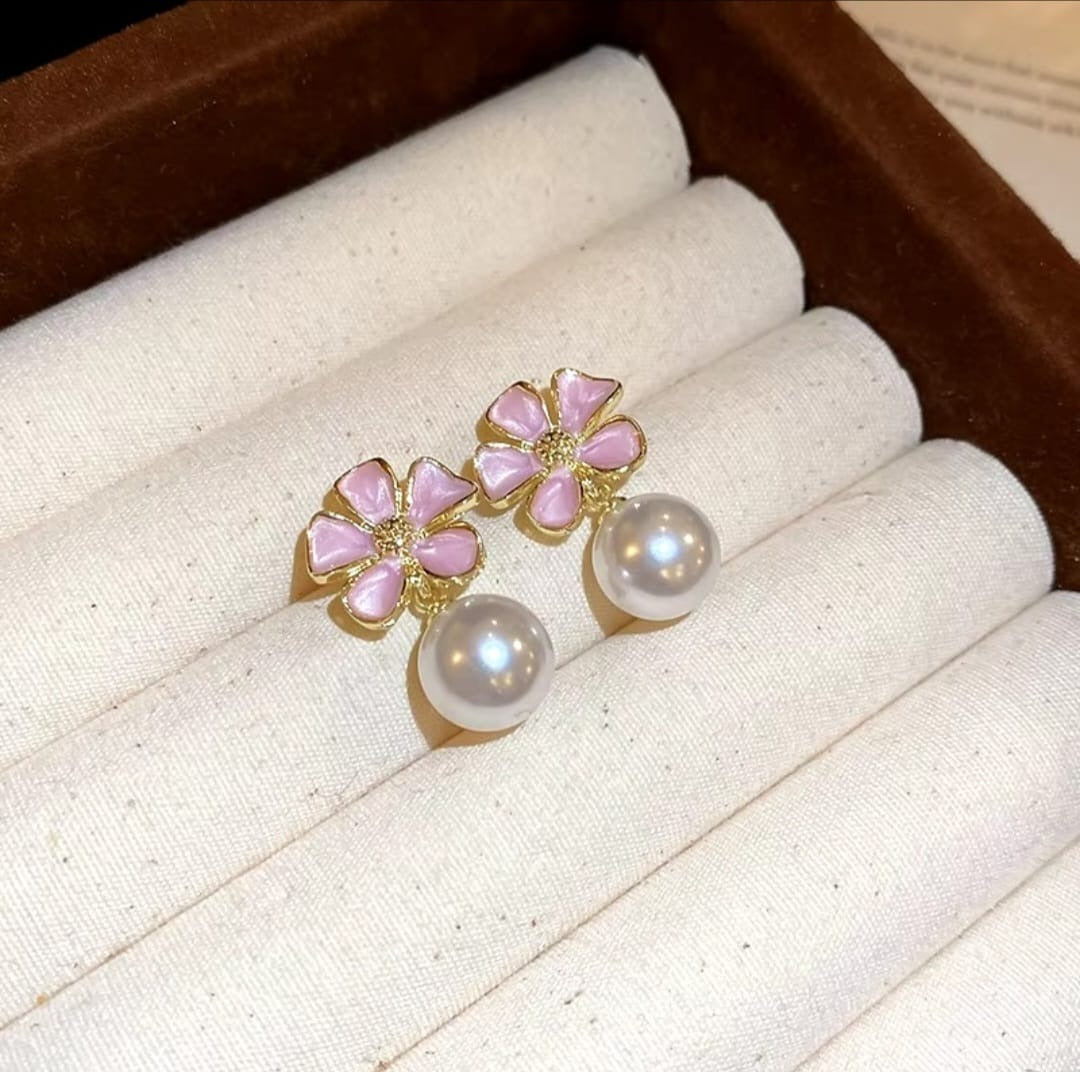 Pink Enamel Petal Flower Pearl Stud Earrings