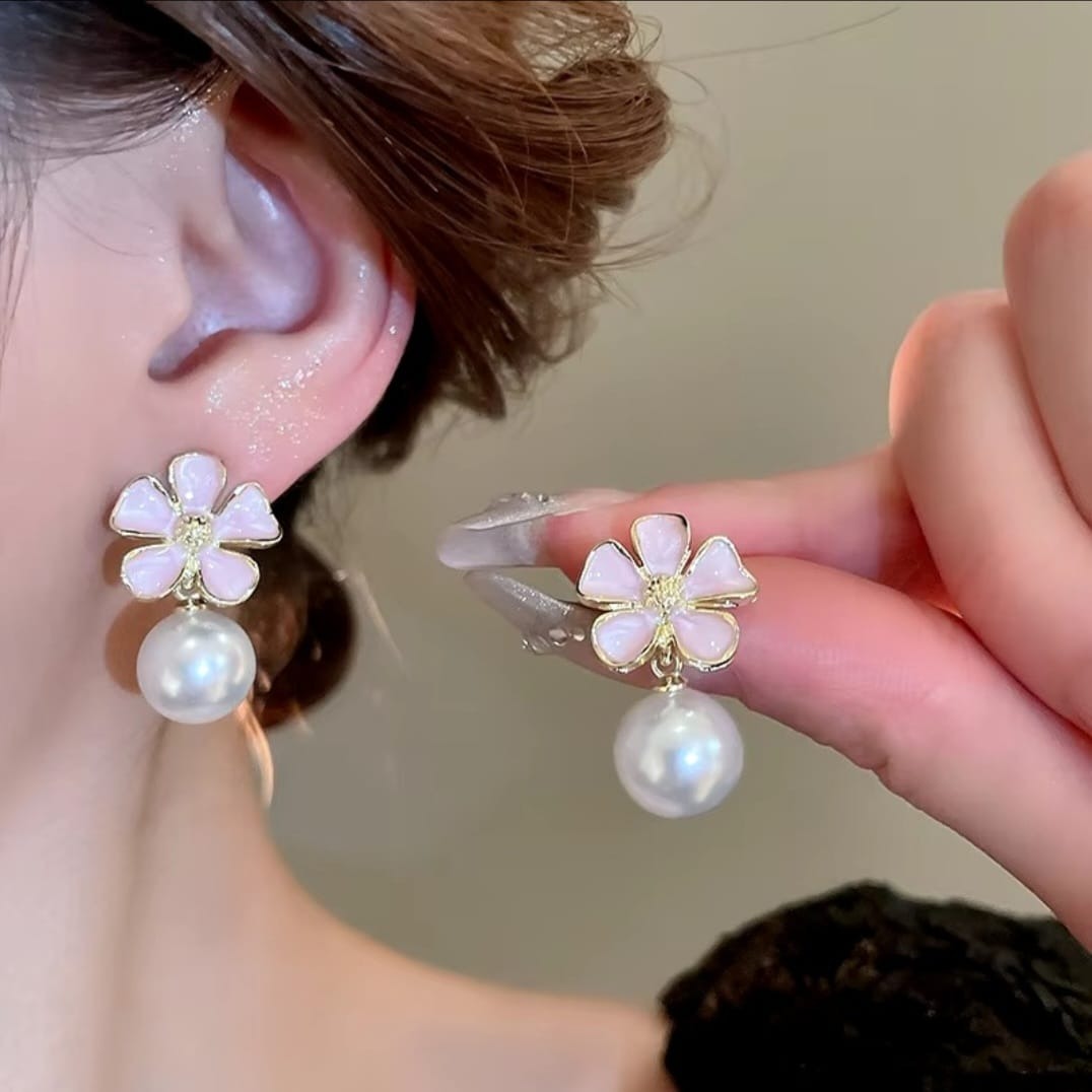 Pink Enamel Petal Flower Pearl Stud Earrings