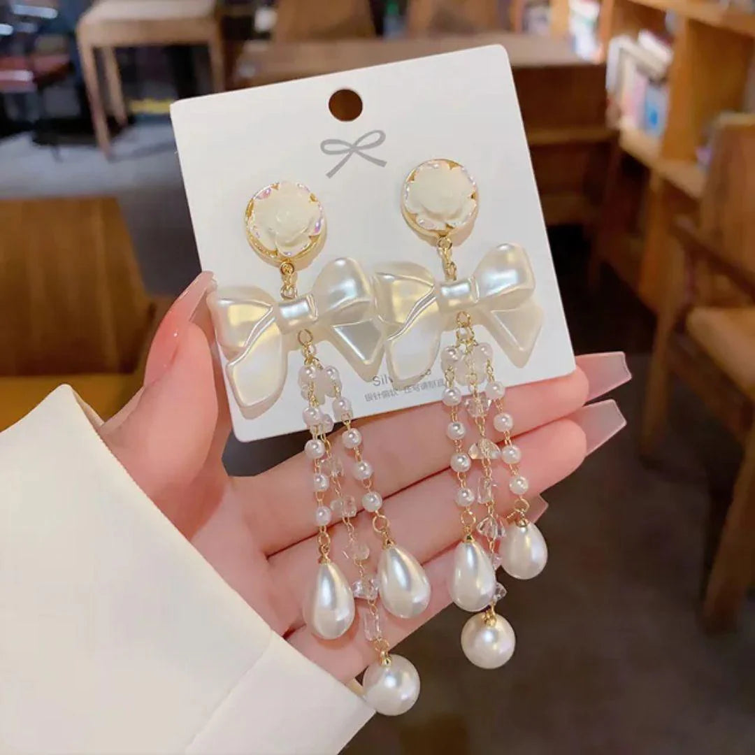 Bow-Knot Pearl Crystal Tassel Long Earrings