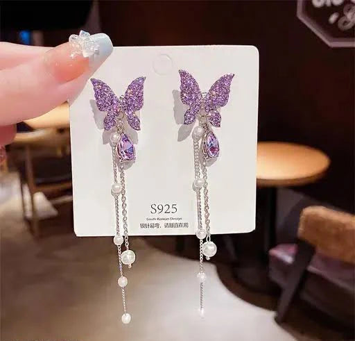 Purple Butterfly Long Earrings Cum