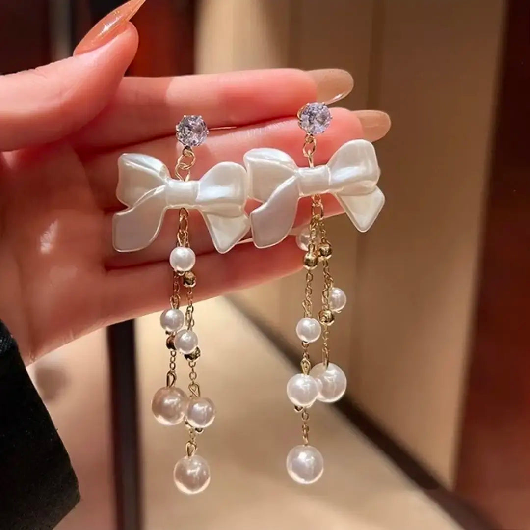 Bow Pearl Tassel Long Earrings