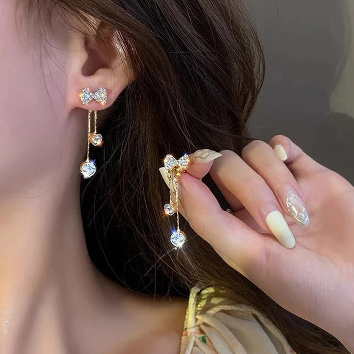 Rhinestones Bow Drop Earrings