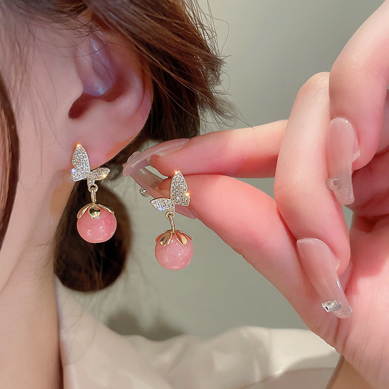 Pink Opal Drop Butterfly Earrings