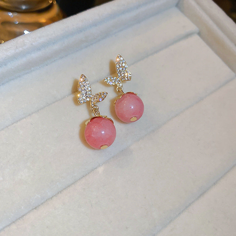 Pink Opal Drop Butterfly Earrings