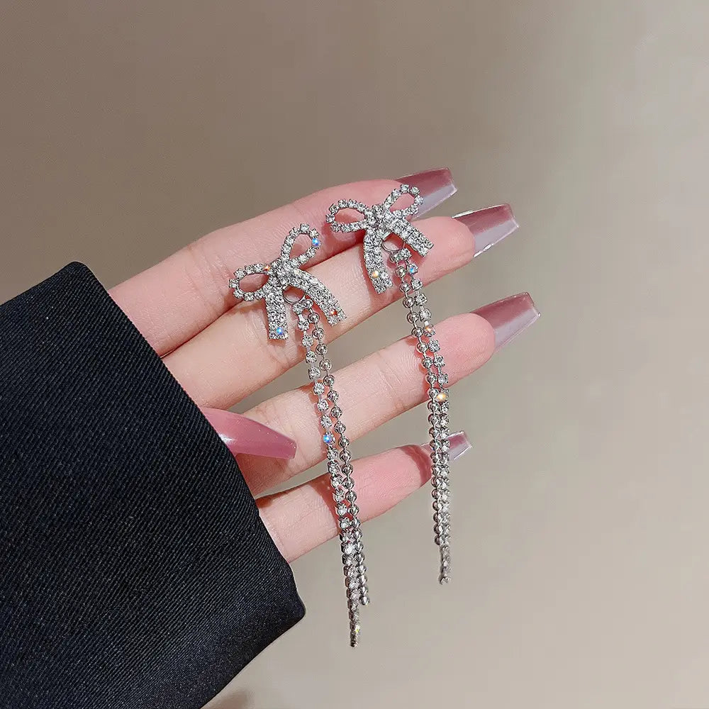 EREVER Rhinestone Bow Long Earrings