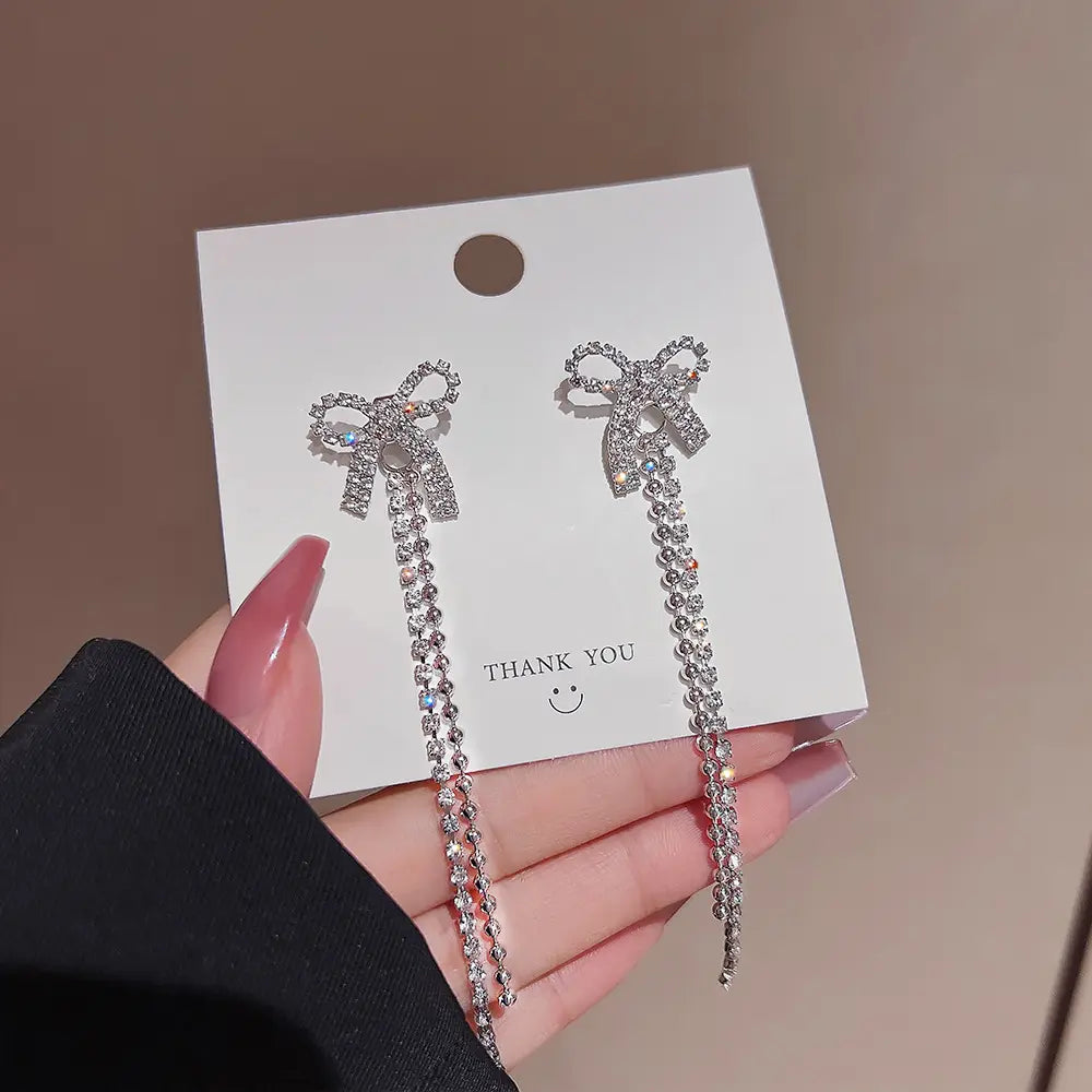 EREVER Rhinestone Bow Long Earrings