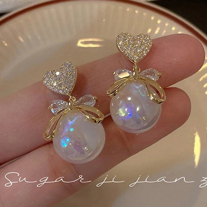 Trendy Heart Bow Peal Drop Earrings