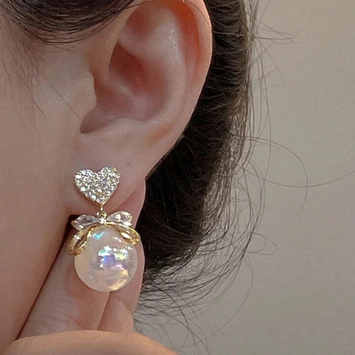 Trendy Heart Bow Peal Drop Earrings
