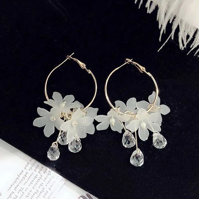 Korean Flower Drop Hoop Earrings