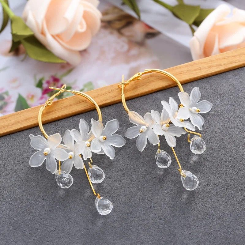 Korean Flower Drop Hoop Earrings
