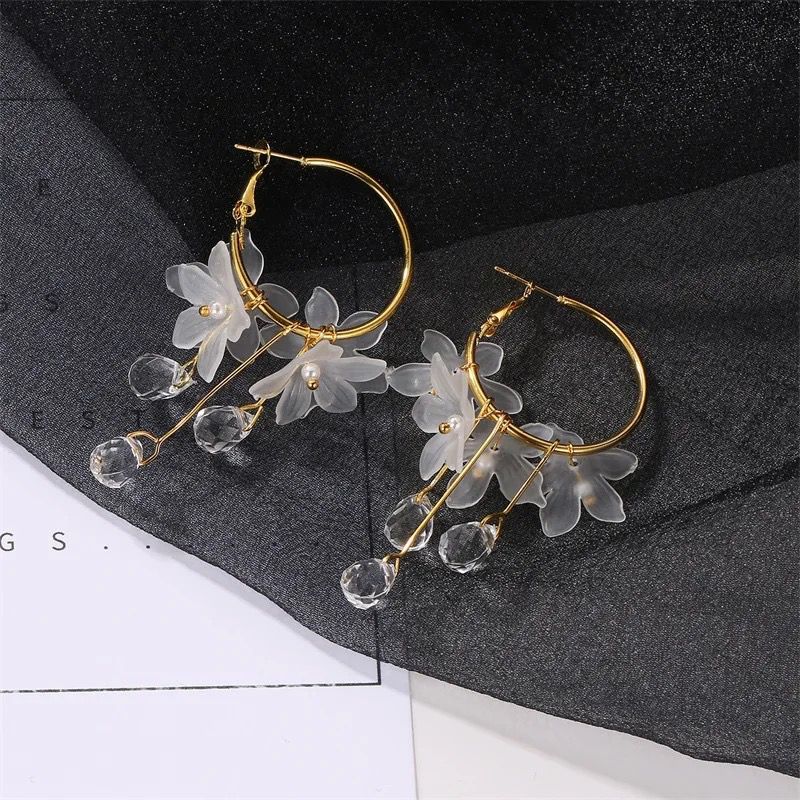Korean Flower Drop Hoop Earrings