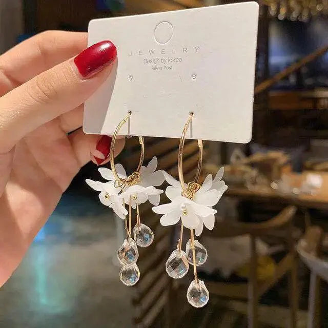 Korean Flower Drop Hoop Earrings