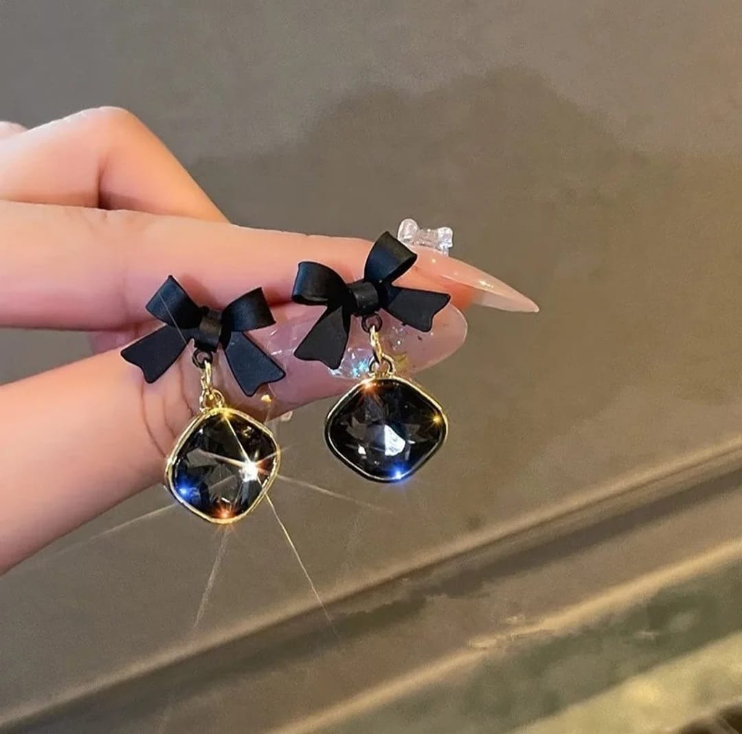 Stone Drop Bow Earrings