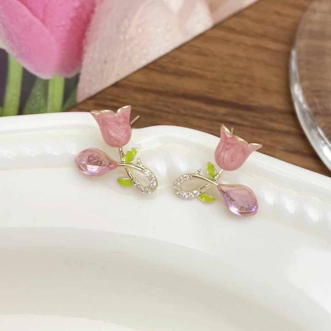 Cute Pink Tulip Crystal Stud Earrings