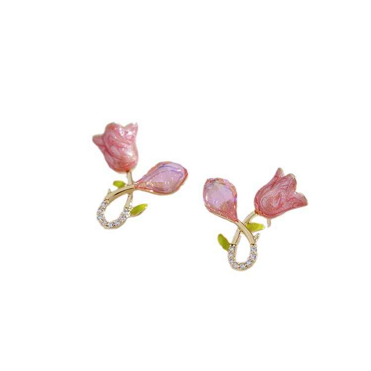 Cute Pink Tulip Crystal Stud Earrings