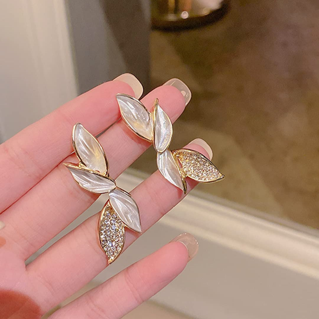 Yellow Chimes Earrings For Women White Crystal Studded Leaf Designed Stud Drop Earrings For Women and Girls