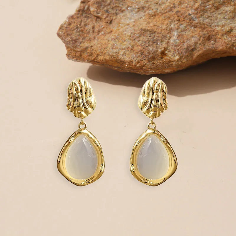 Golden Water Droplet Opal Drop Earrings