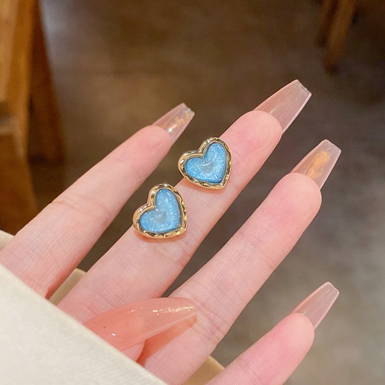 Korean Blue Heart Stud Earrings