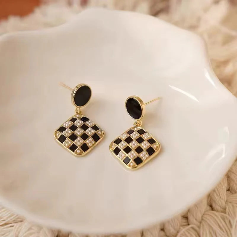 Geometric Checkerboard Pearl & Enamel Earring
