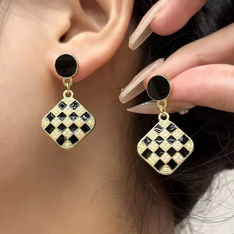 Geometric Checkerboard Pearl & Enamel Earring