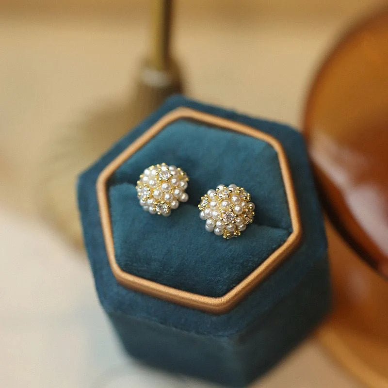 Round Ball Pearl Zircon Studded Studs Earrings