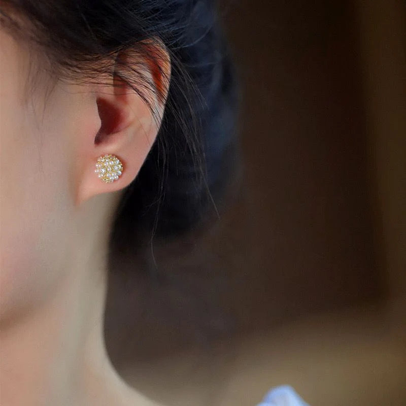 Round Ball Pearl Zircon Studded Studs Earrings