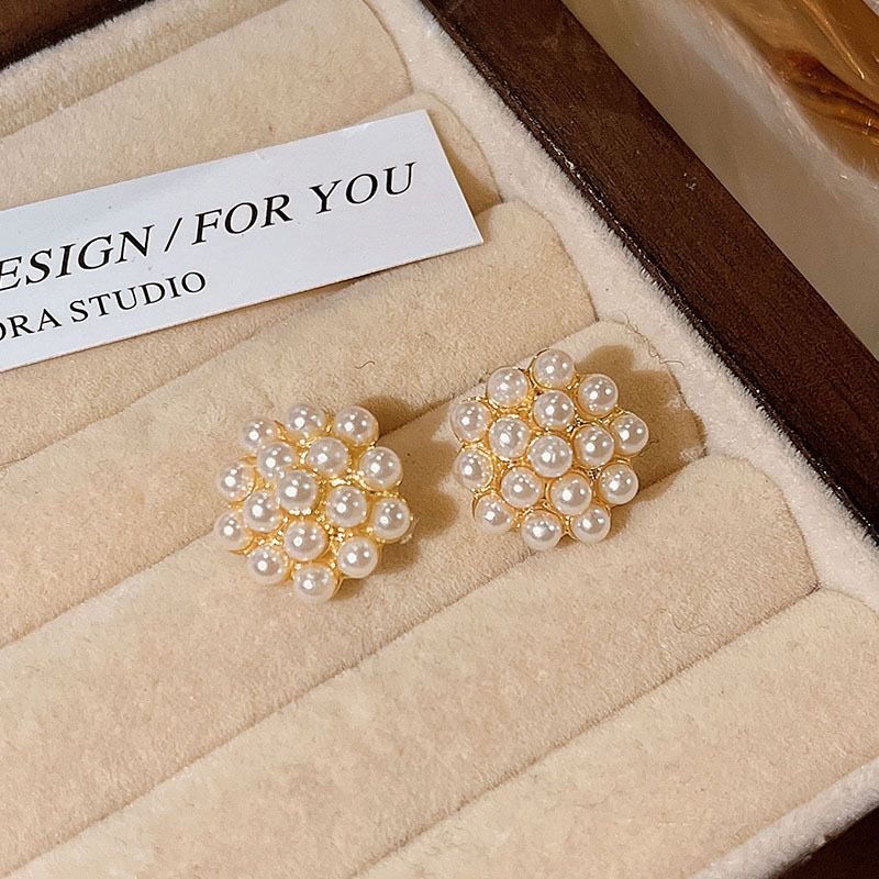 Round Ball Pearl Zircon Studded Studs Earrings