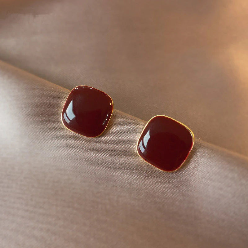 Maroon Retro Square Stud Earrings