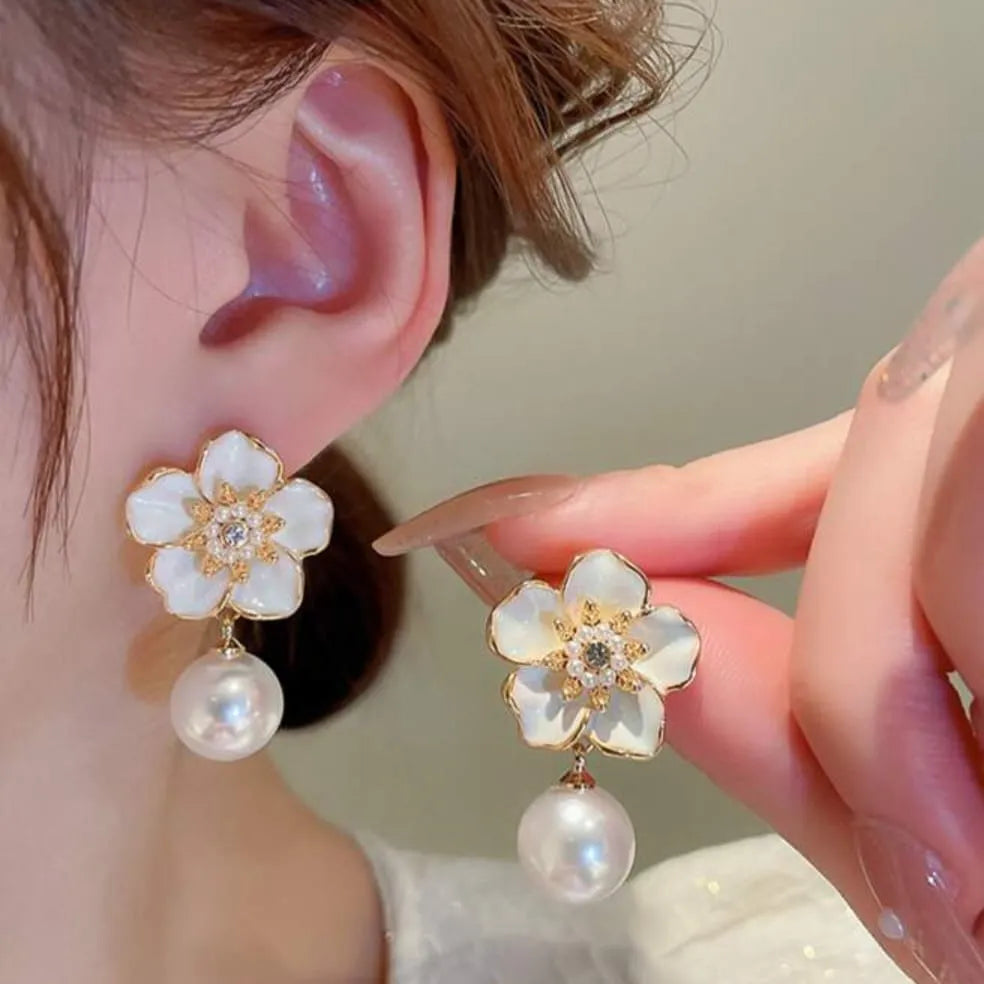 Foral Enamel Pearl Drop Earrings