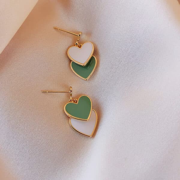Triple Heart Enamel Green Tone Earrings